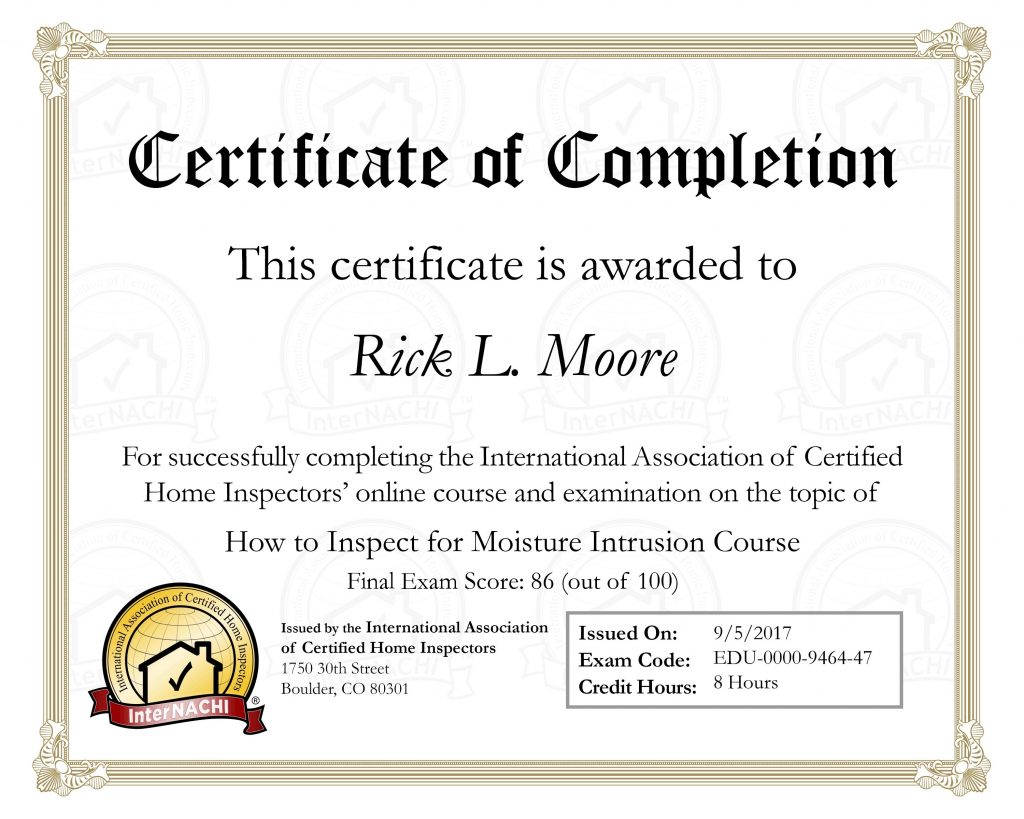 Rick Moore Moisture Intrusion Certificate_certificate_57 | Sherlock Homes